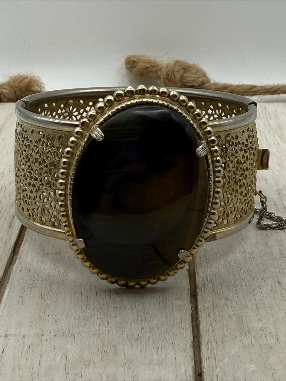 Large Gold Filigree Cuff Bracelet with Large Brown tiger eye Stone